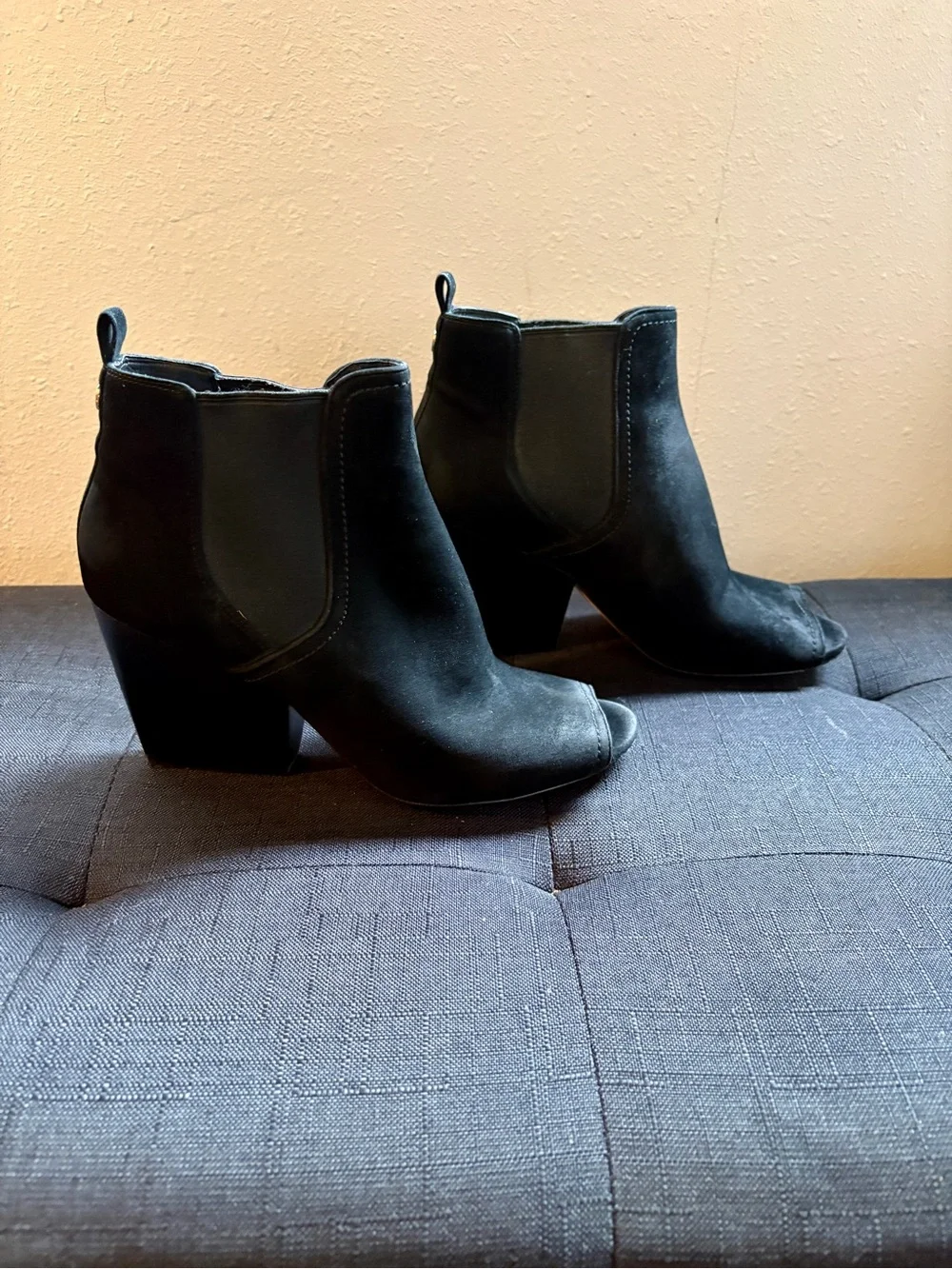 Tory Burch Black Suede Peep-Toe Block Heel Booties